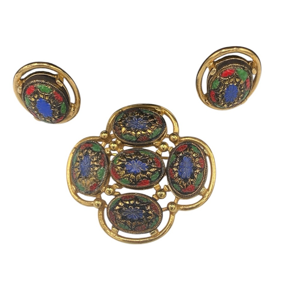 Vintage 1960s SARAH COVENTRY Light of the East Mosaic Look Brooch Earrings Set